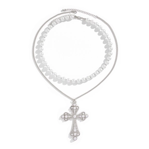 Double-layered hip hop necklace with white pearls and large silver hollow cross pendant