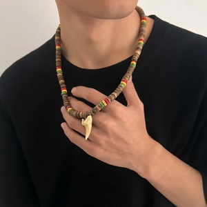 Men's surfing necklace with coconut wood beads and a white shark tooth pendant