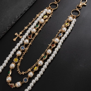 Hip-hop multilayer trousers chain with cross pendant, colorful zircons, and white pearls