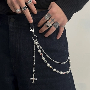 Streetwear multilayer silver trouser chain with pearls, cross pendant and colorful stones