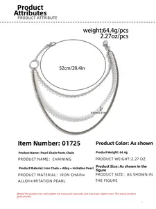 Three-layer hip-hop trousers chain with silver metal links and white faux pearls detail