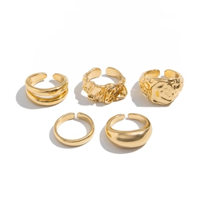 5-piece gold liquid metal ring set with irregular lava texture for men hip-hop style