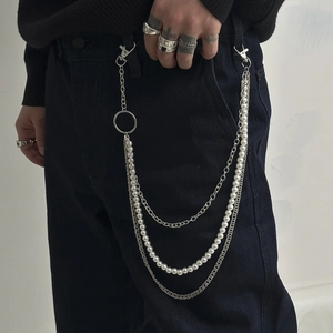 Men's Layered Trousers Chain With Imitation Artificial Pearl Silver Plated Alloy Link Chain Punk Hip Hop Streetwear Waist Chain For Jeans