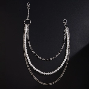 Hip hop pearl and silver chain trouser link accessory with multi-layer metal styling