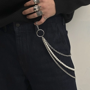 Hip hop pearl and silver chain trouser link for men with layered streetwear design