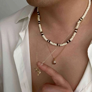 Heren gelaagde ketting met kokosnoot kralen schelp hanger en palmboom bedel sieraad