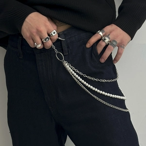 Hip hop pants chain with layered metal links and white pearls for men street fashion style
