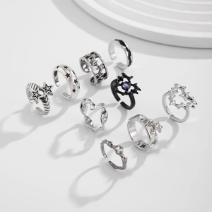 10er-Set Punk-Ringe für Herren mit Dornenherz und Stern-Design in Silber-Optik
