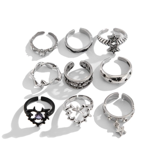 9er-Set Vintage Punk-Ringe mit Herz- und Stern-Designs in Retro-Silber-Optik