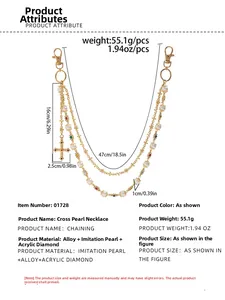 Détail de la chaîne de pantalon multicouche à perles et croix avec dimensions et maillons