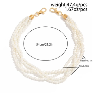 Detail view of multi-strand faux pearl jeans chain with gold alloy lobster clasps