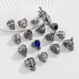 Ensemble de bagues punk gothiques avec gravures de crânes et d'animaux en argent vieilli