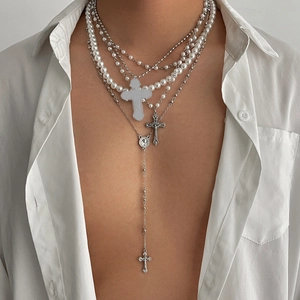 Vintage Multi-layer Artificial Pearl Cross Pendant Necklace For Men Women Hip Hop Punk Alloy Chain Religious Saint Medal Necklace Jewelry