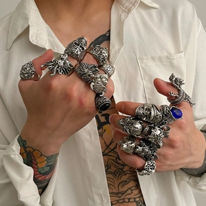Ensemble de bagues punk tête de mort et relief animal pour hommes en argent vintage
