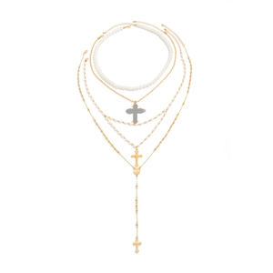 Multi-layer pearl and gold cross pendant necklace set for men with religious medallions