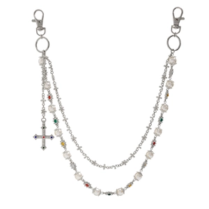 Multilayer silver pants chain with pearls, colorful gems and a cross pendant charm