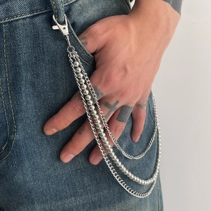 Three-layer silver bead pants chain with LA engraved balls on denim jeans