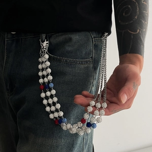 Chaîne de Pantalon Multicouche Hip Hop pour Hommes Métal Argenté Boules Disco en Strass Chaîne de Taille Jeans Street Punk