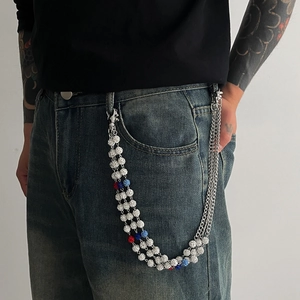 Chaîne de pantalon hip hop avec boules de strass colorées et maillons en métal argenté
