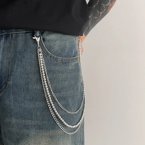 Hip Hop Multi Layer Silver Metal Pants Chain For Men Punk Streetwear Waist Chain With Beads And Lobster Clasps Jewelry Accessories