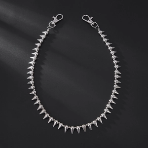 Punk style silver pants chain with spiked metal rivets and double lobster clasps