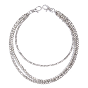 Three-layer silver metal hip-hop pant chain with beads and lobster clasps for men