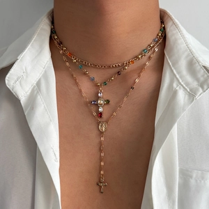 Collana a Croce Multistrato in Lega Vintage Per Uomo Donna Perle di Cristallo Colorate Pendente Religioso Collane