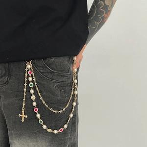 Hip Hop Multi-layer Metal Waist Chain With Cross Pendant Faux Artificial Pearl Rhinestone For Men Women Streetwear Jewelry Pant Chain