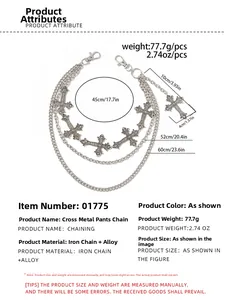 Detailed view of triple-layered silver pant chain with gothic cross pendants and measurements