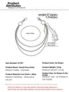 Size chart showing dimensions of multi-layer cross metal wallet chain with measurements