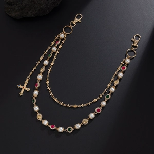 Close-up of triple-layered golden hip-hop waist chain with colorful crystals and pearls
