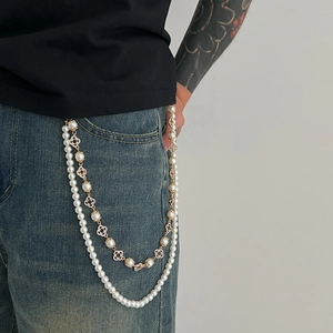 Hip Hop Double Layer Imitation Artificial Pearl Pants Chain Rhinestone Flower Pendant Gold Silver Alloy Metal Belt Link Jewelry For Men