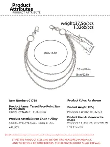 Detailed view of triple-layered star pendant trouser chain with lobster clasps and rings