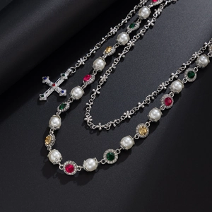 Hip hop style multi-layer pearl waist chain with cross pendant and colorful rhinestones