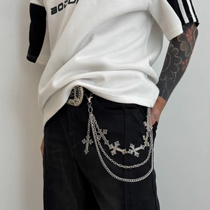 Silver multi-layer hip-hop trousers chain with multiple cross pendants for men