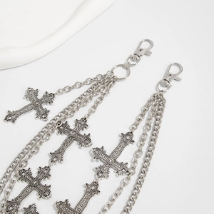 Detail of silver multi-layer hip hop trousers chain with gothic cross pendants