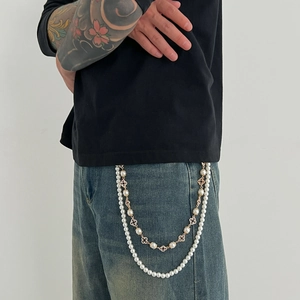 Hip hop double layered trousers chain with faux pearls and black clover charms