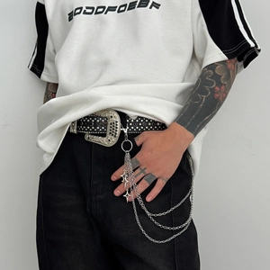 Punk style multilayer star chain belt with silver metal studs and dangling star charms