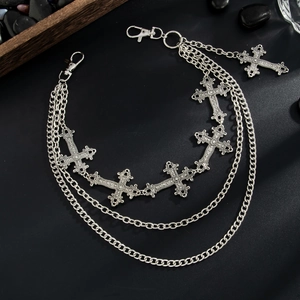 Hip hop style multilayer silver cross pendant waist chain for men with lobster clasps