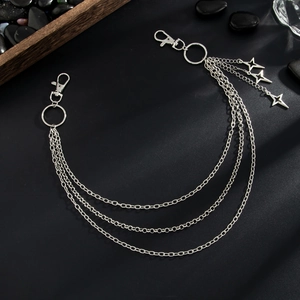Multi-layer silver cross hip-hop waist chain with star pendants and metal lobster clasps