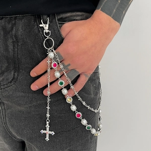 Hip hop multilayer silver trouser chain with pearls and colorful rhinestone cross pendant