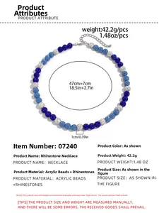 Detailed size chart for blue and white beaded rhinestone necklace showing 47cm chain length