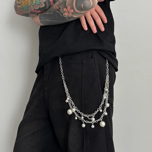 Silver multilayered metal hip hop trouser chain with white imitation pearls for men