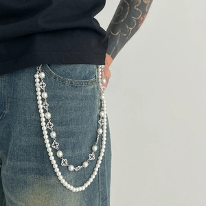 Hip hop style double-layer waist chain with faux pearls and silver floral metal charms