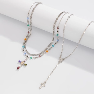 Collana a croce hip hop in argento con zirconi colorati e medaglie religiose uomo