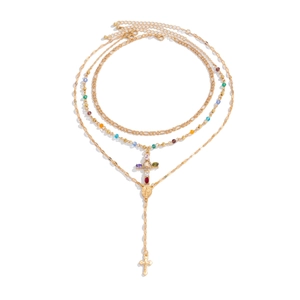 Collana hip hop multistrato oro con perline colorate e ciondolo a croce di cristallo