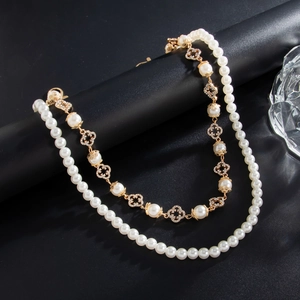 Hip-hop layered faux pearl and gold flower necklace with diamond accents for men
