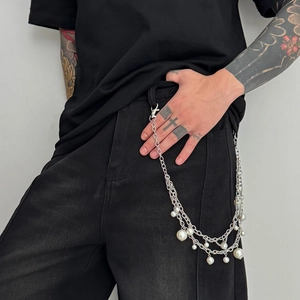 Hip-hop style multi-layer metal trousers chain with pearls for men on black denim