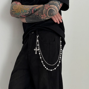 Hip hop layered metal pant chain with white pearls and vintage cross pendant for men