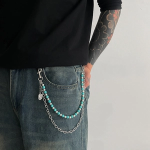 Double-layer denim waist chain featuring turquoise beads and silver metal link rings